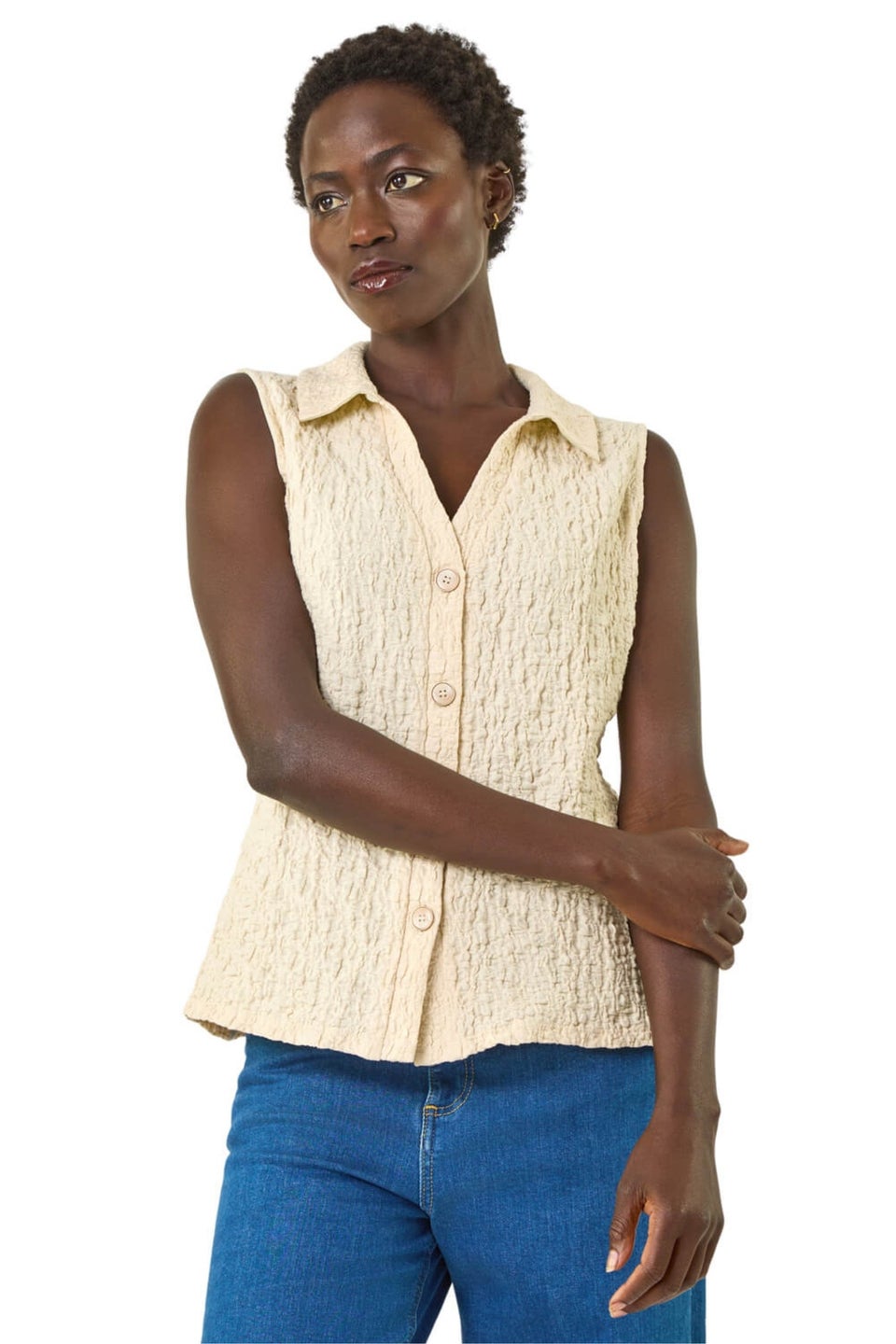 Roman Ivory Textured Sleeveless Buttoned Blouse