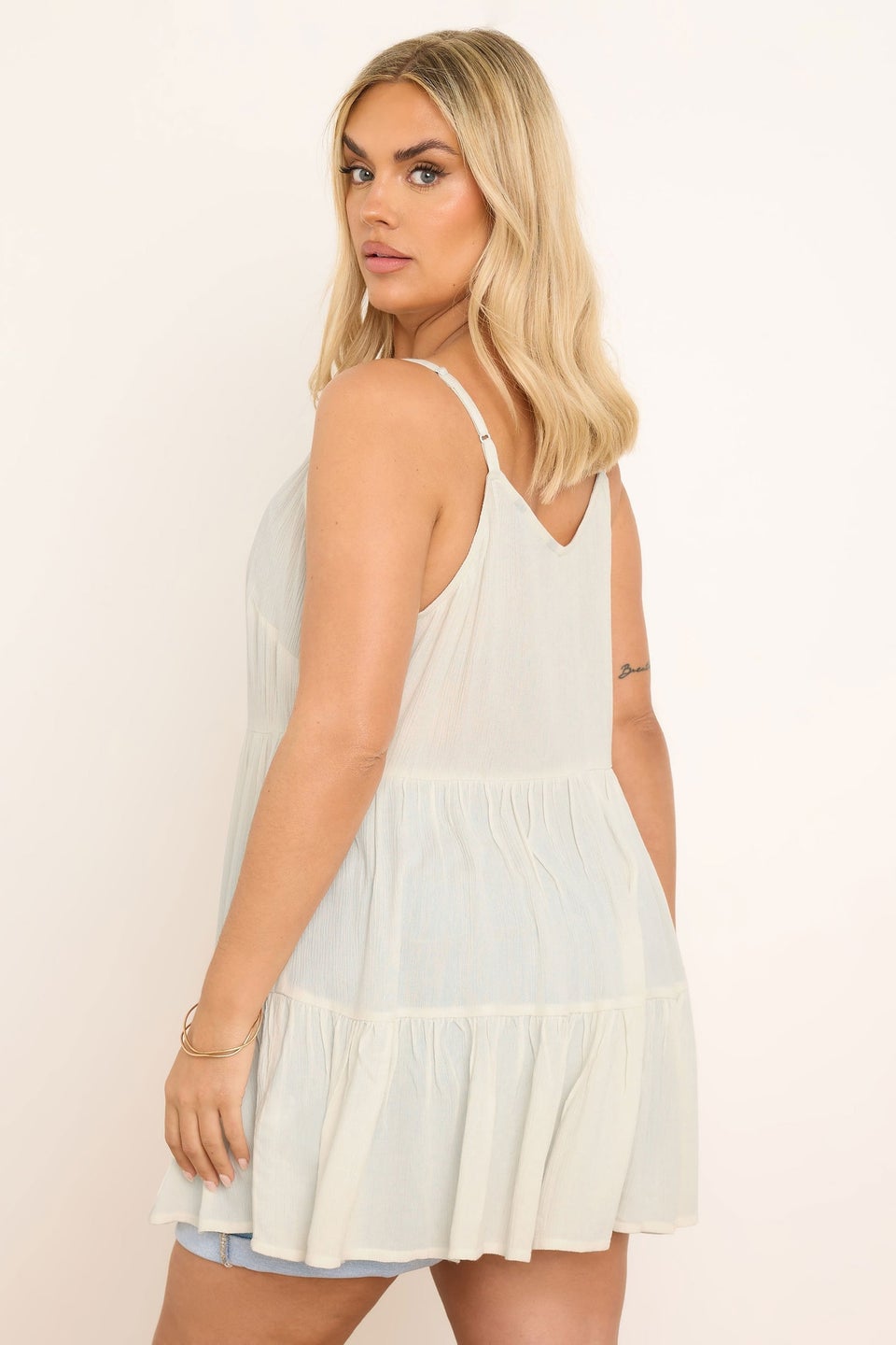 Yours Curve Cream Crinkle Tiered Cami Top