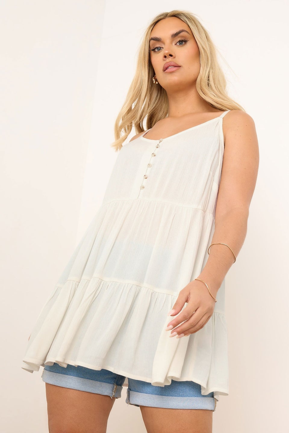 Yours Curve Cream Crinkle Tiered Cami Top
