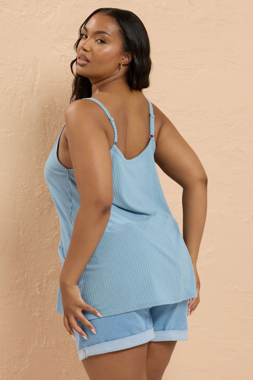 Yours Curve Light Blue Ribbed Swing Cami Top