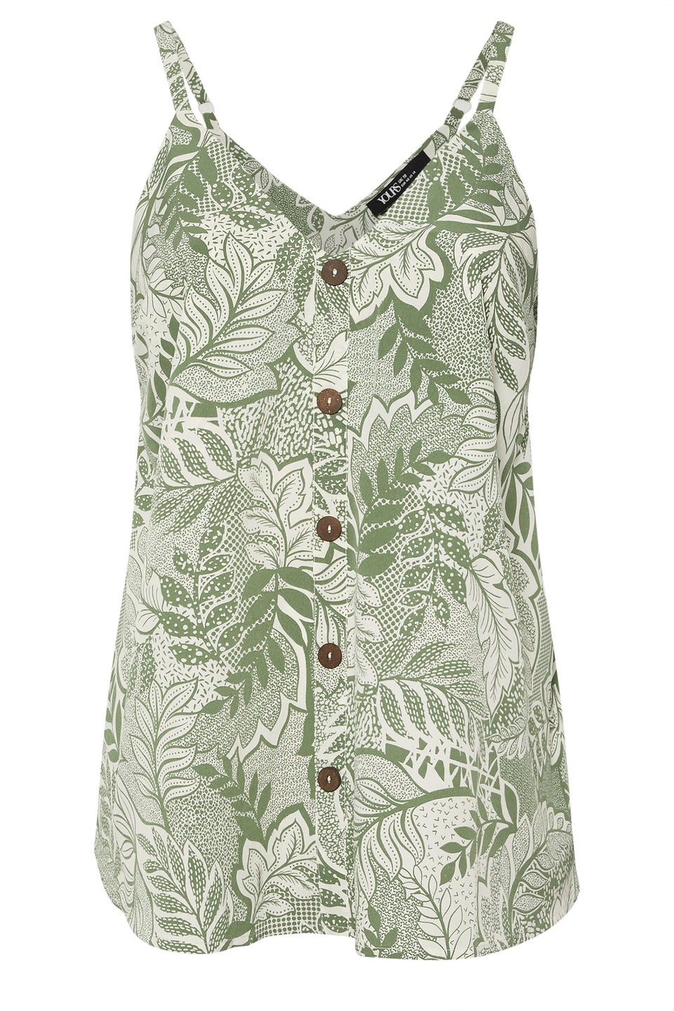 Yours Curve Green Tropical Leaf Print Button Front Cami Top