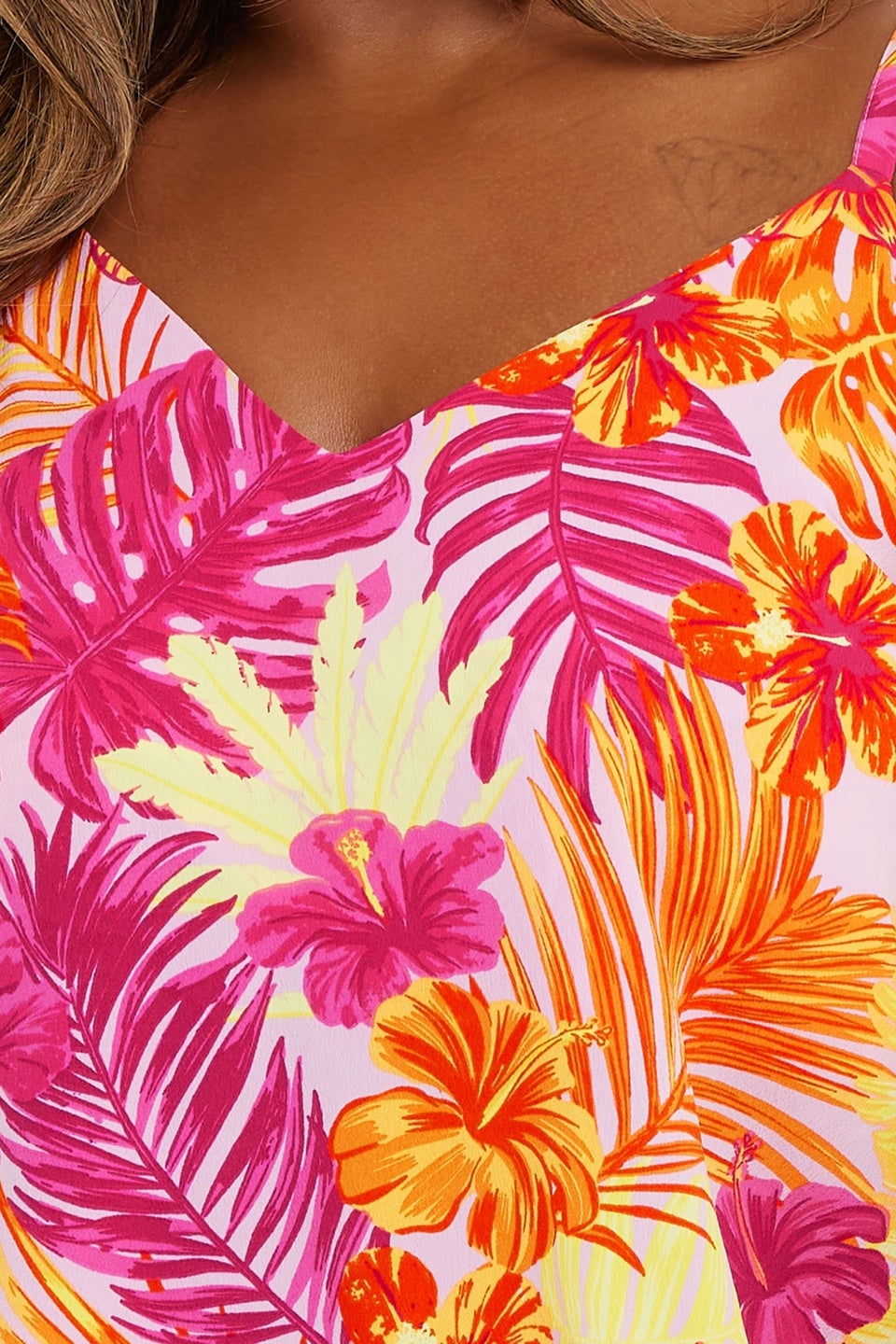 Yours Curve Pink & Orange Tropical Palm Vest Top