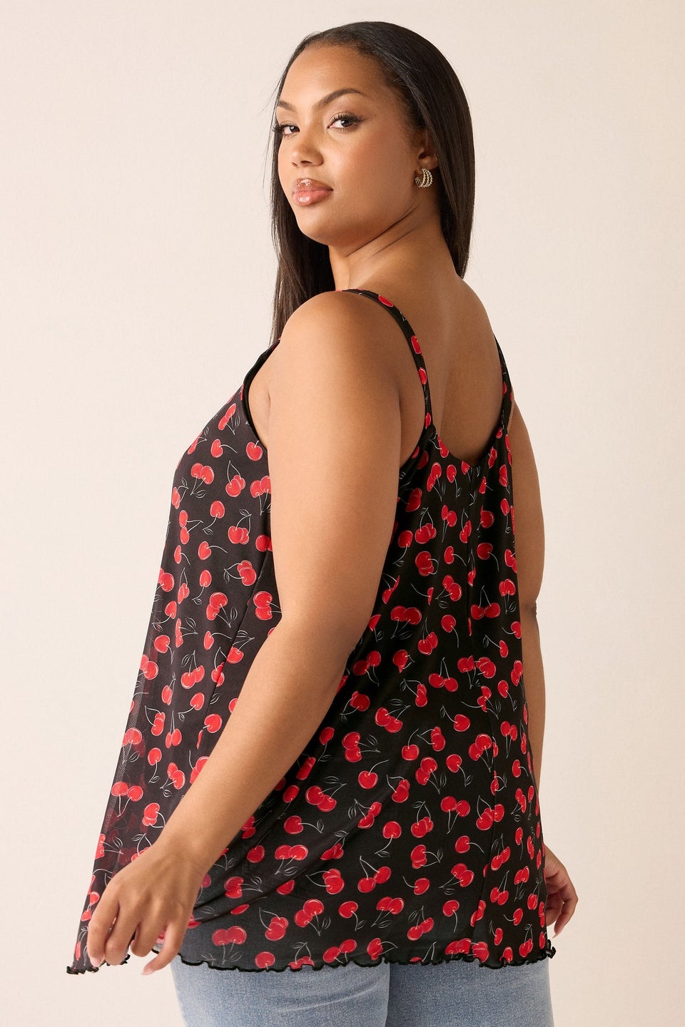 Yours Curve Black Mesh Cherry Graphic Tie Vest Top
