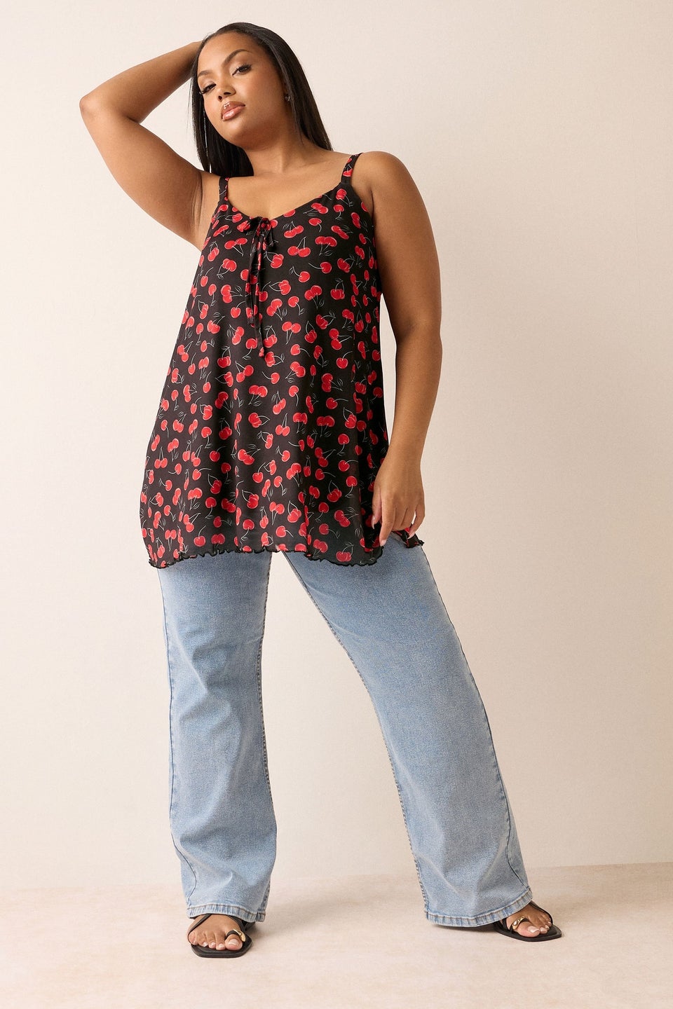 Yours Curve Black Mesh Cherry Graphic Tie Vest Top