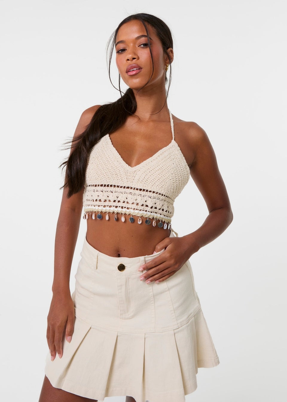 Pink Vanilla Stone Crochet Bralette With Shell Detail
