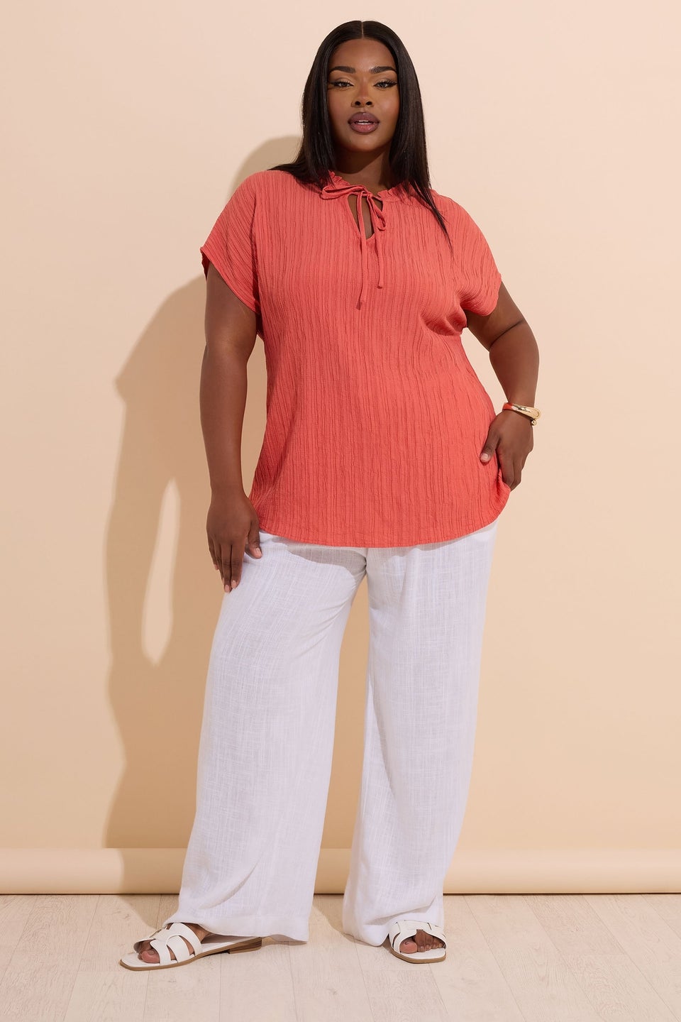 Yours Curve Coral Orange Textured Frill Neck Top