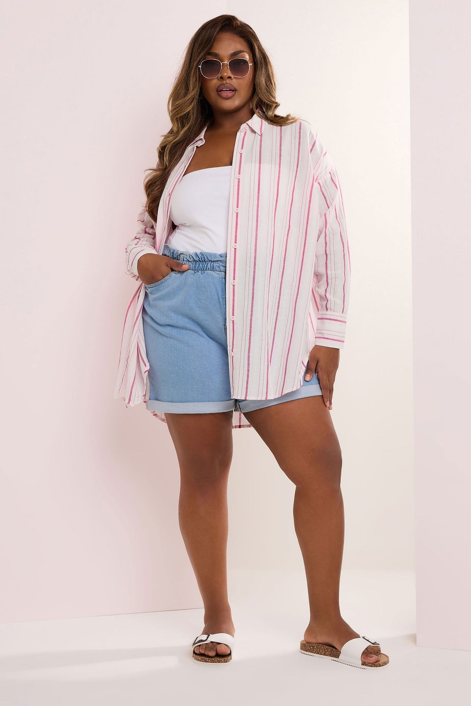 Yours Curve Pink Stripe Linen Shirt