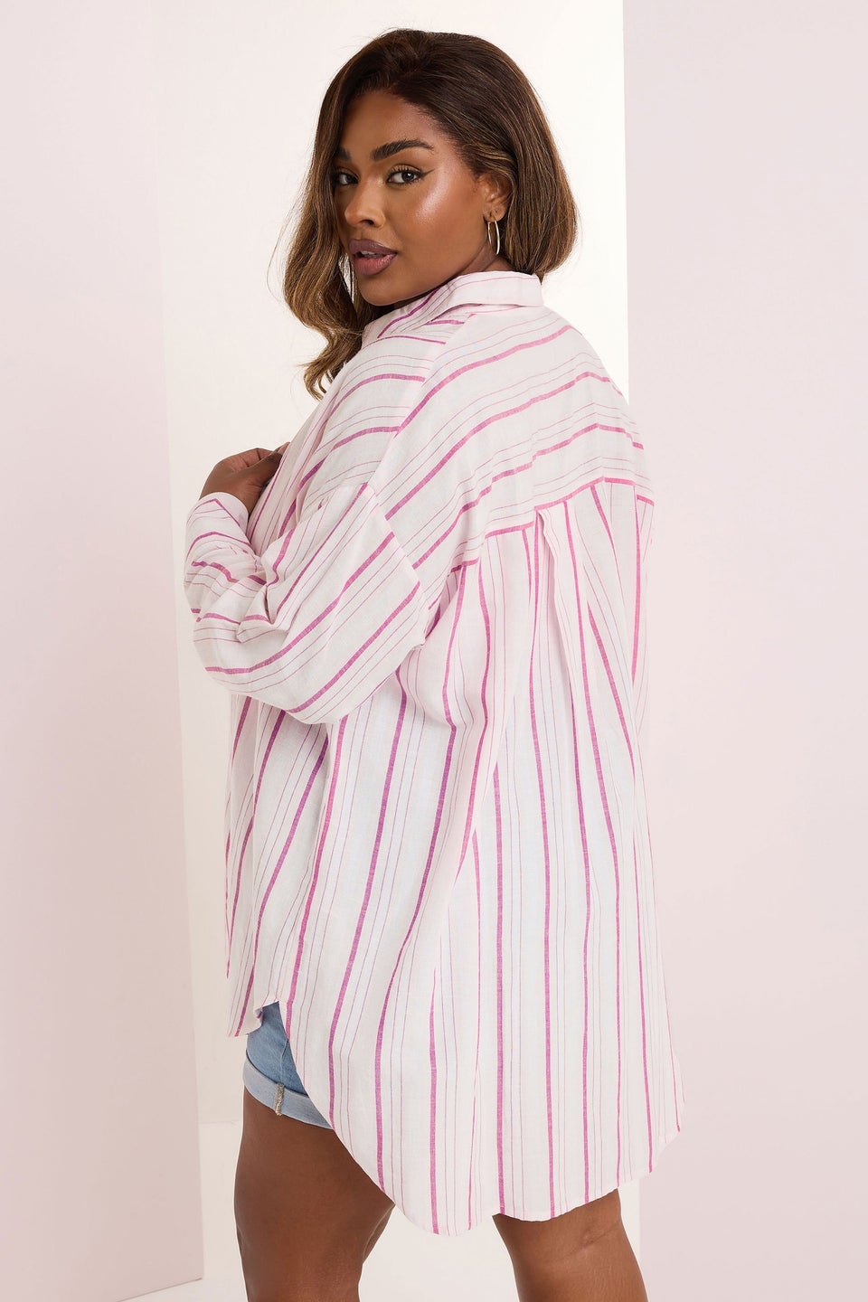 Yours Curve Pink Stripe Linen Shirt