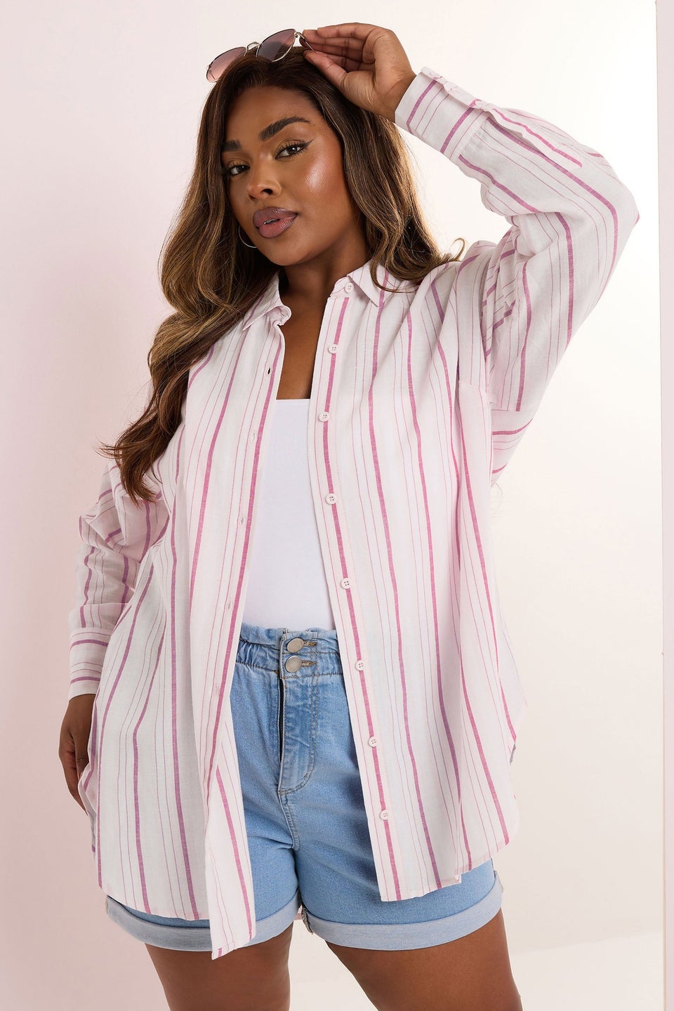 Yours Curve Pink Stripe Linen Shirt
