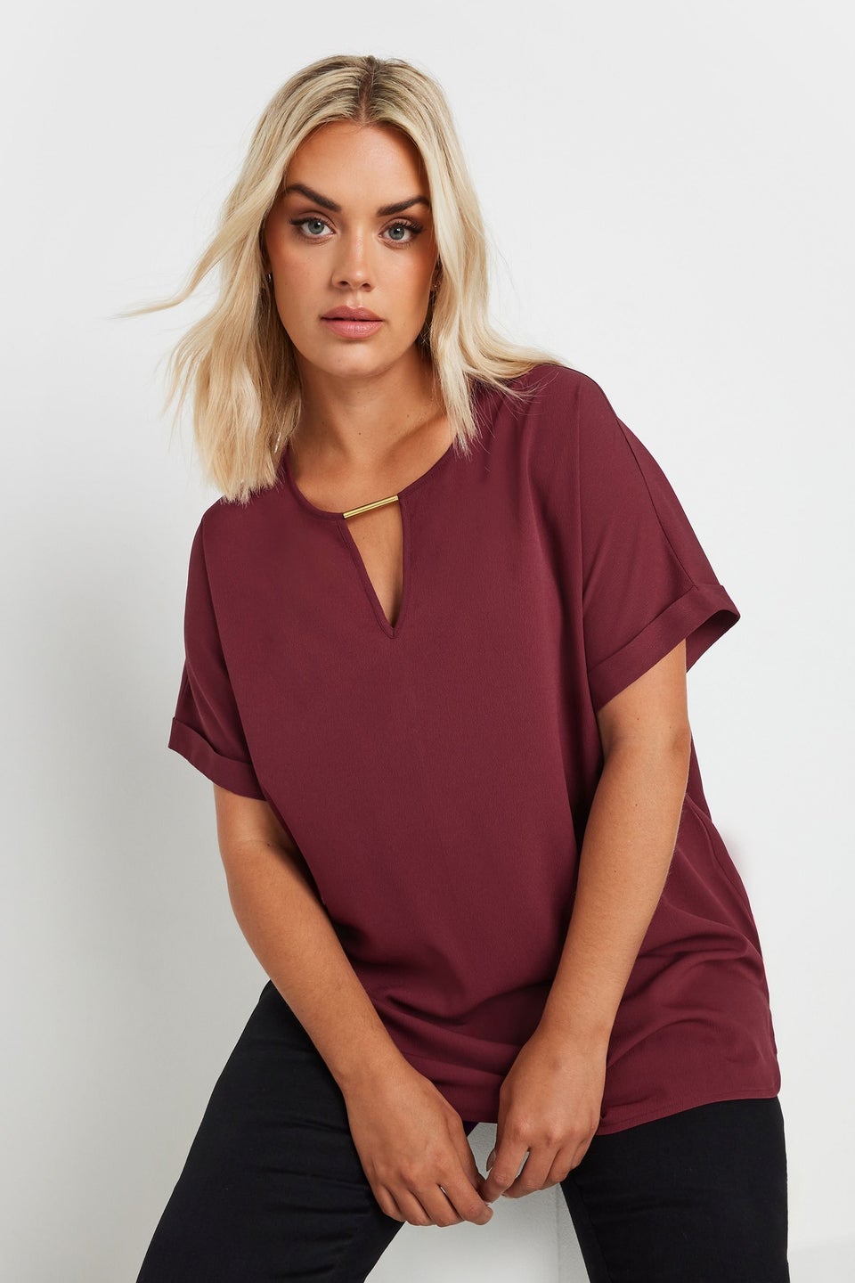 Yours Curve Burgundy Red Metal Trim Blouse