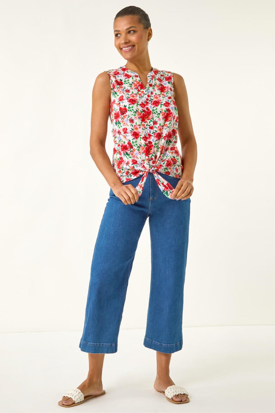 Roman Red Floral Tie Front Blouse