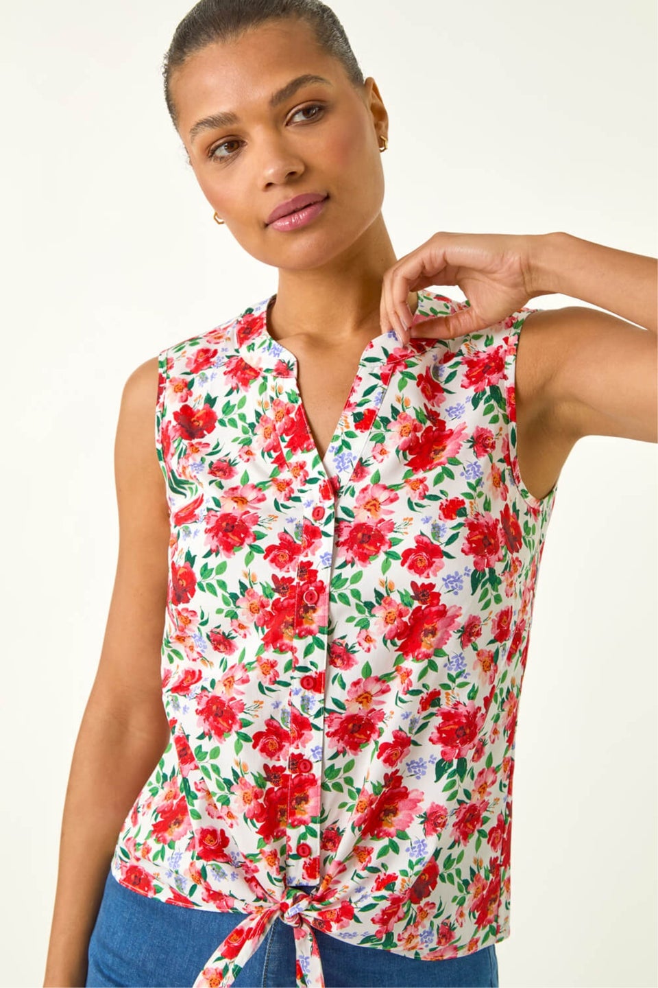 Roman Red Floral Tie Front Blouse