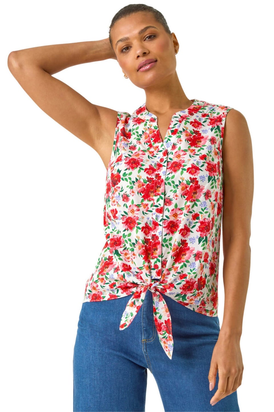 Roman Red Floral Tie Front Blouse