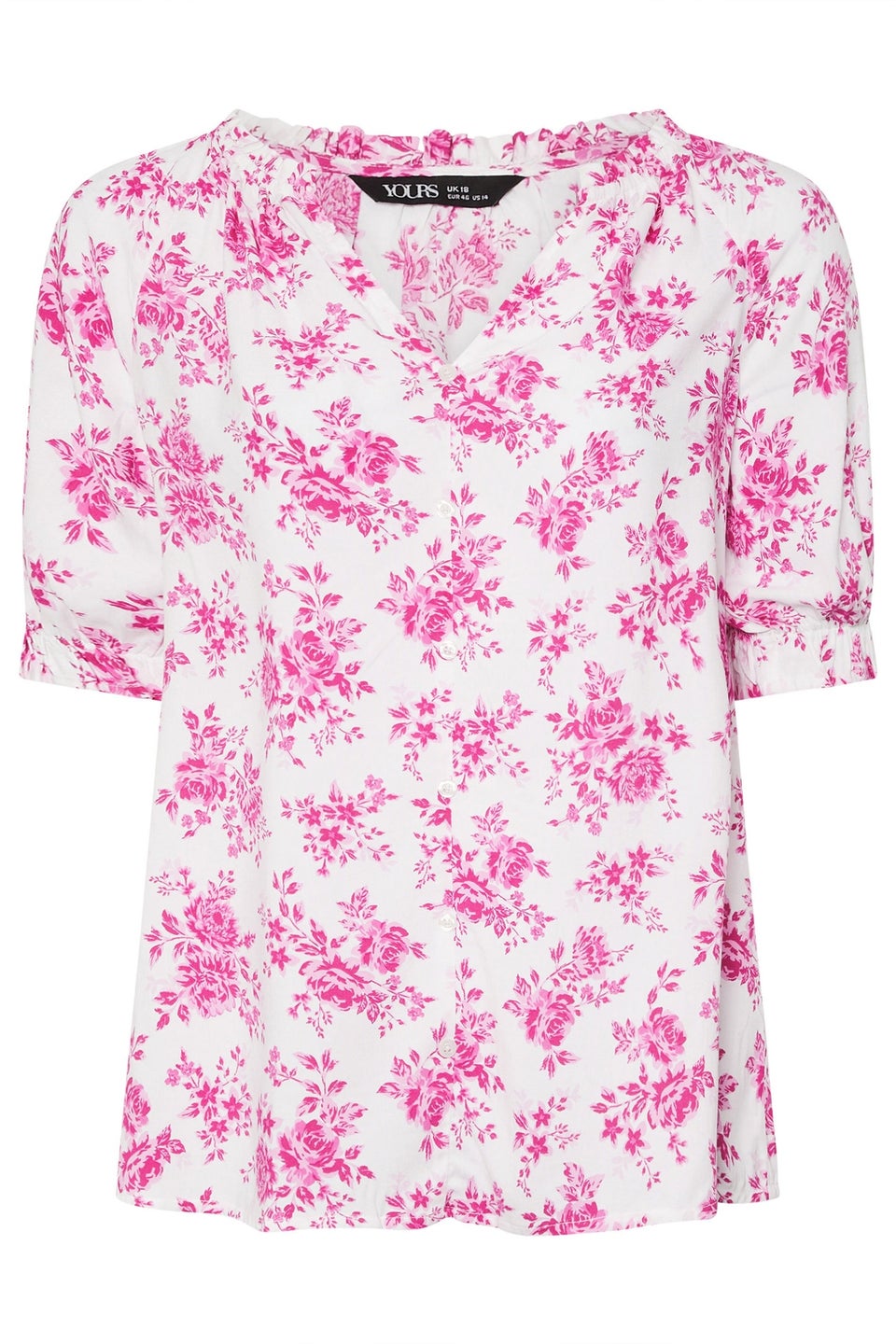 Yours Curve Pink Rose Print Notch Neck Blouse