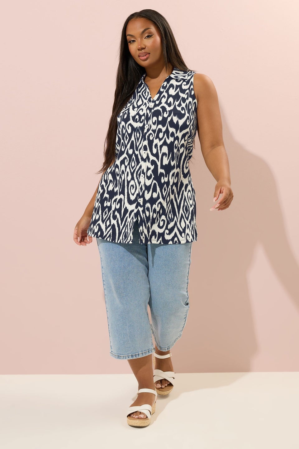Yours Curve Navy Blue Textured Ikat Sleeveless Shirt