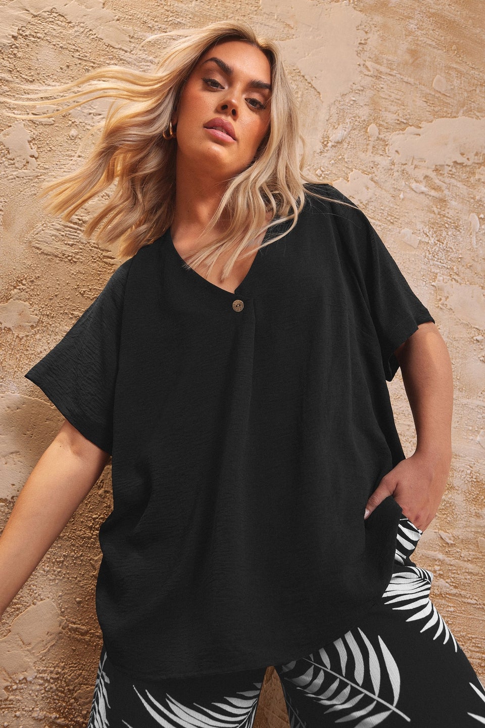 Yours Curve Black Button Detail Blouse