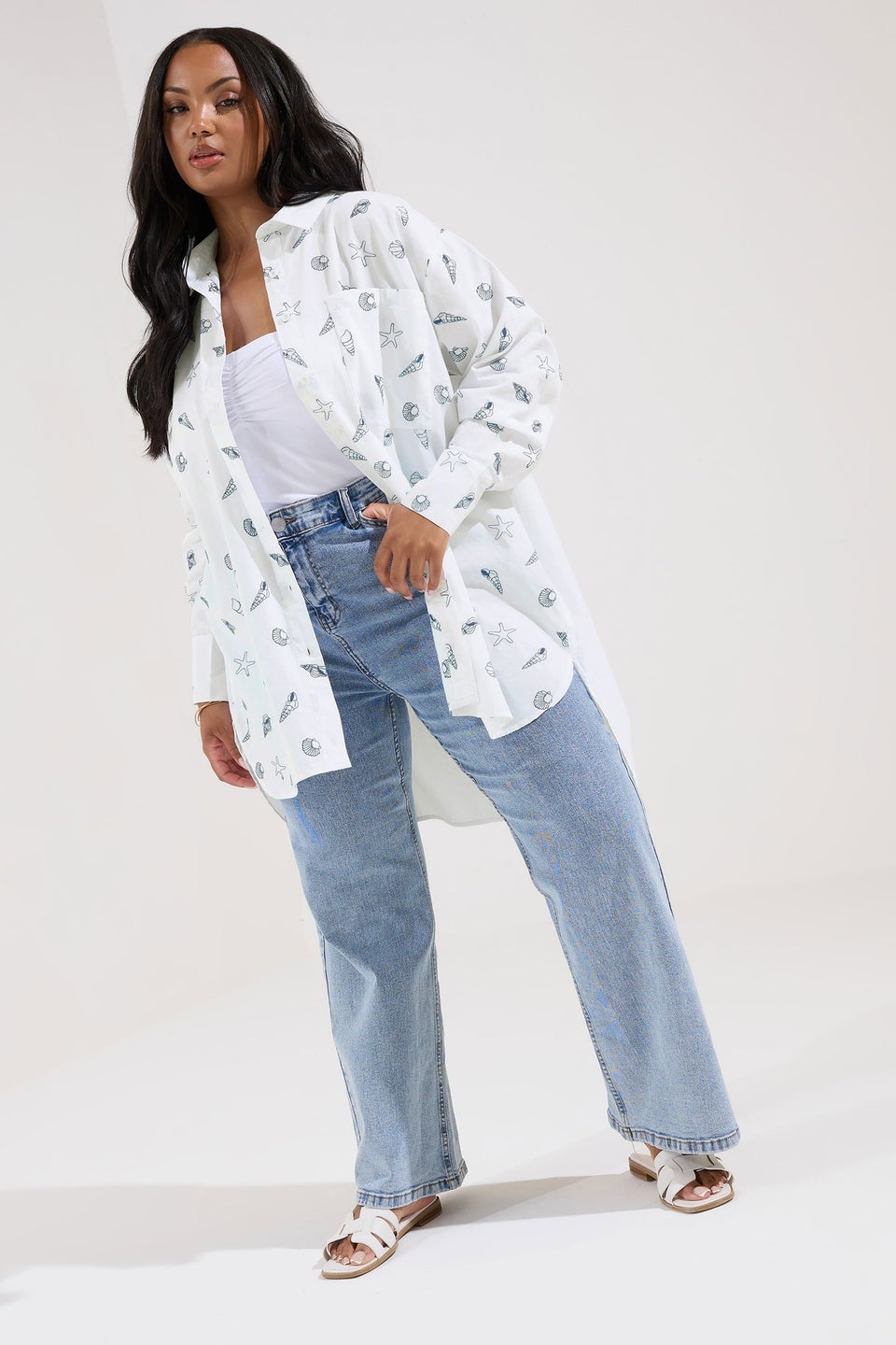 Yours Curve White Embroidered Seashell Oversized Shirt