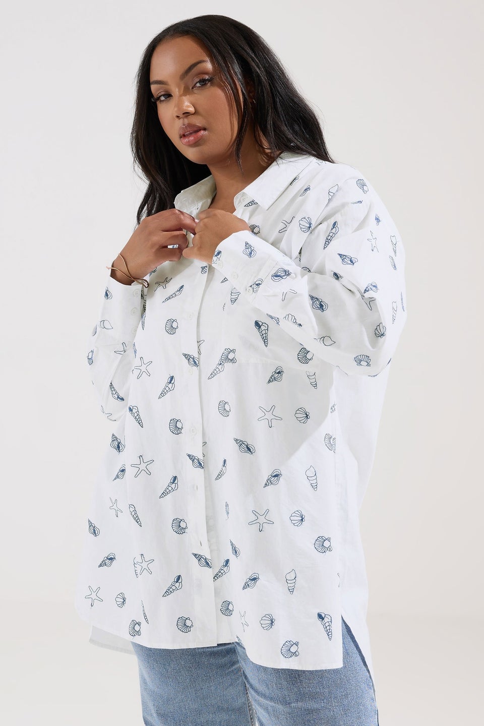 Yours Curve White Embroidered Seashell Oversized Shirt