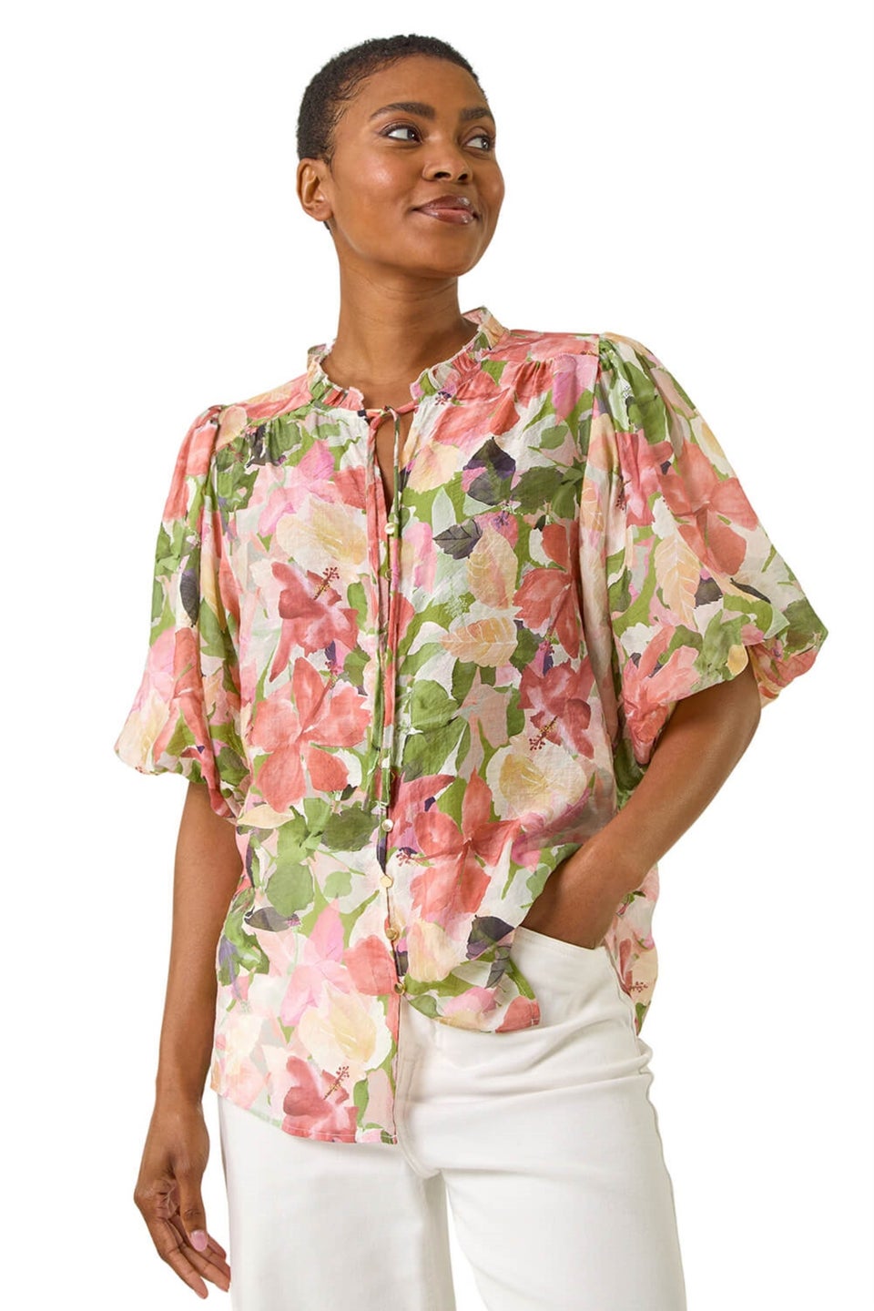 Roman Pink Floral Gathered Blouse