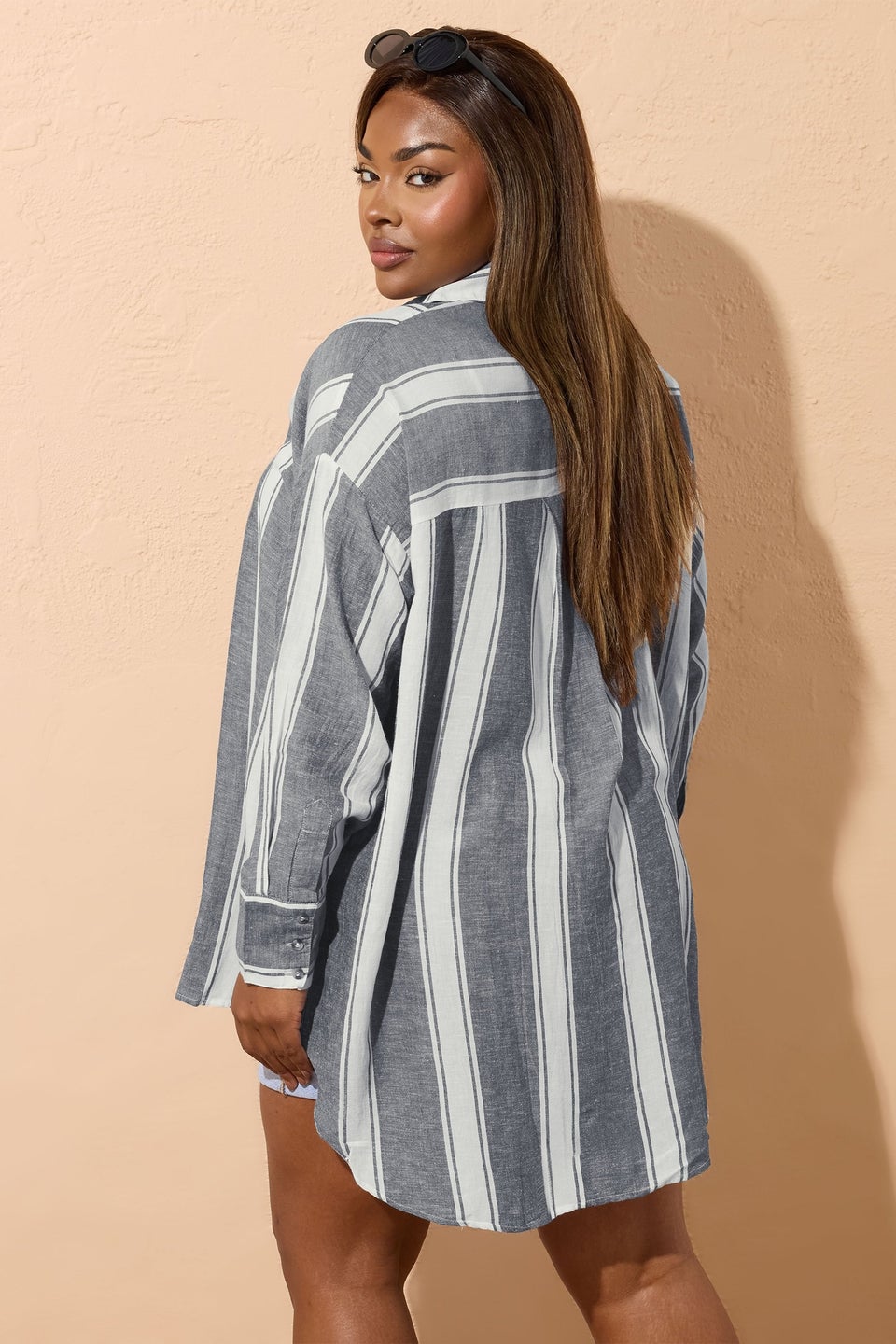 Yours Curve Blue Stripe Linen Shirt