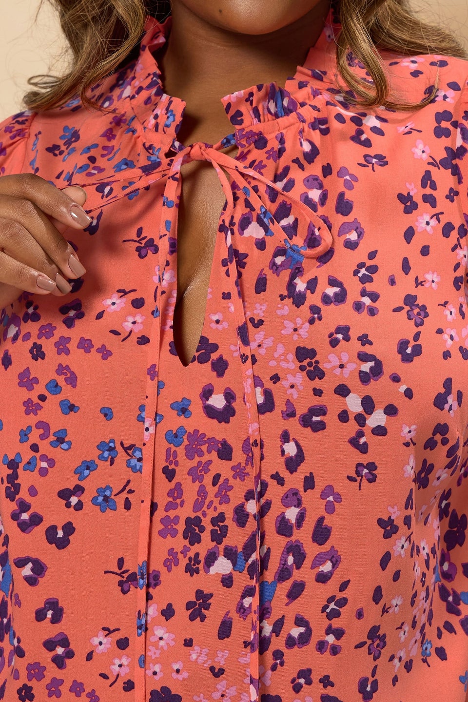 Yours Curve Orange Floral Tie Neck Blouse