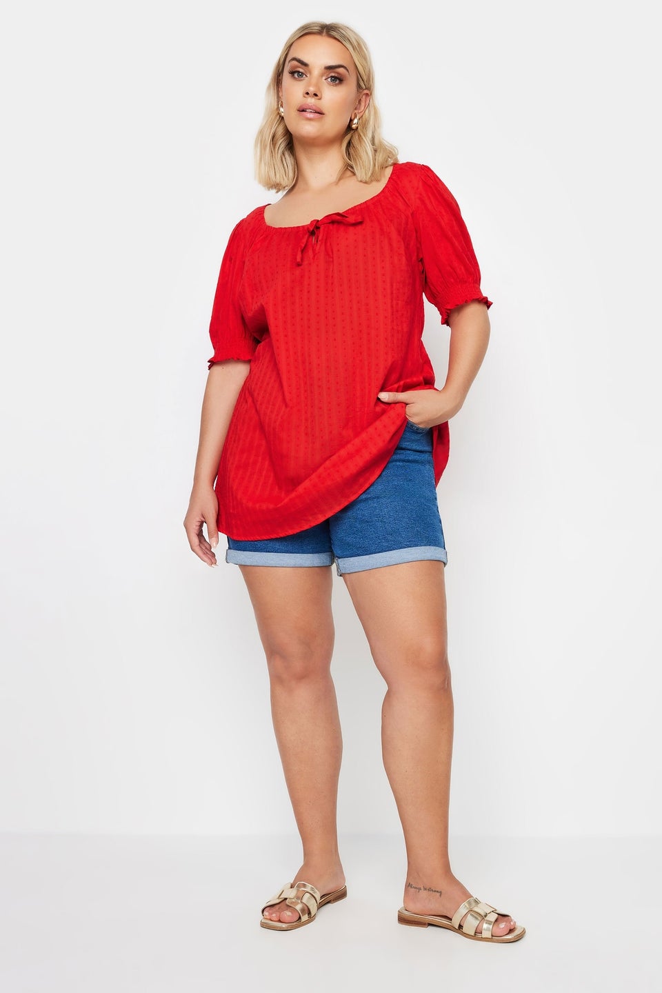 Yours Curve Red Dobby Tie Neck Blouse
