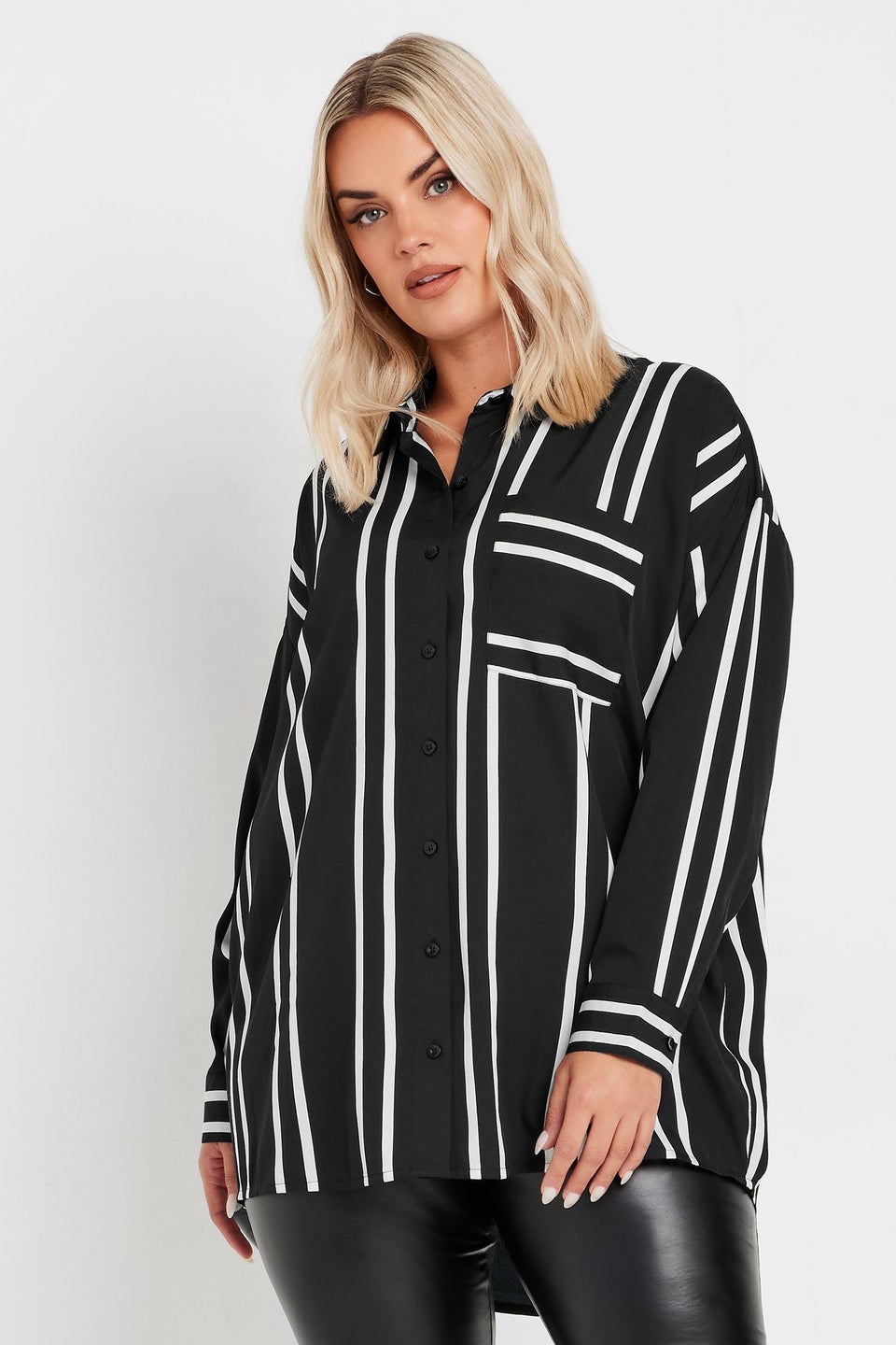 Yours Curve Black & White Stripe Print Oversized Shirt
