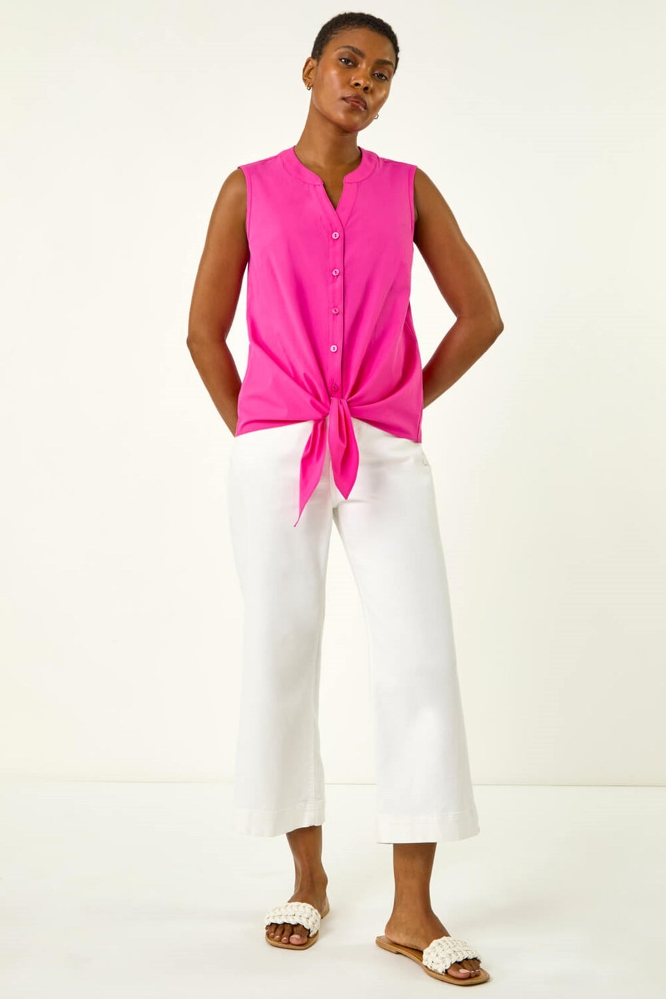 Roman Cerise Cotton Tie Front V-Neck Blouse