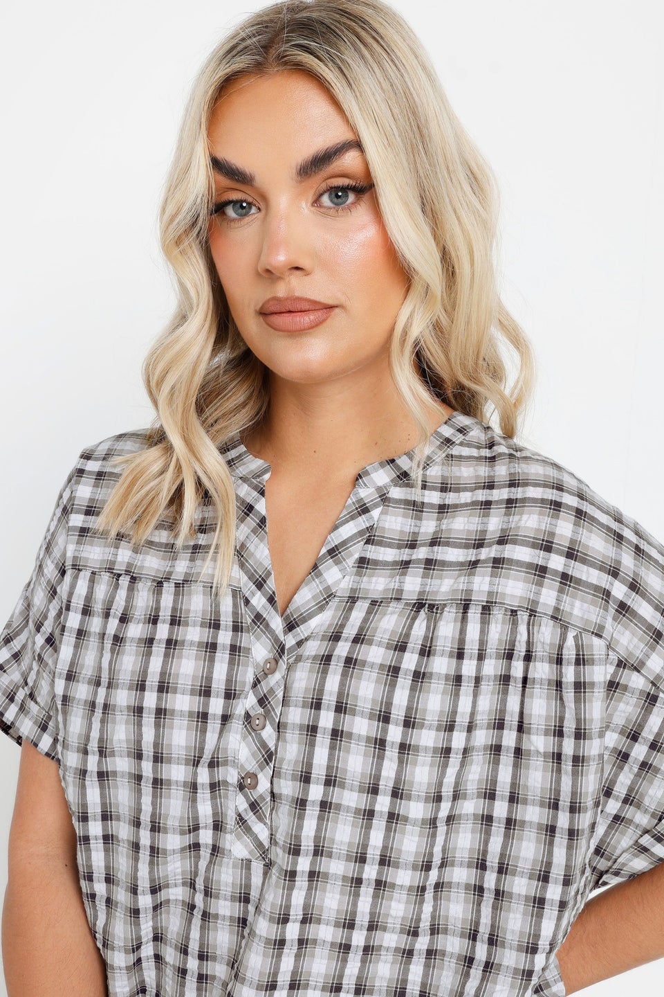 Yours Curve Grey Check Print Textured Blouse