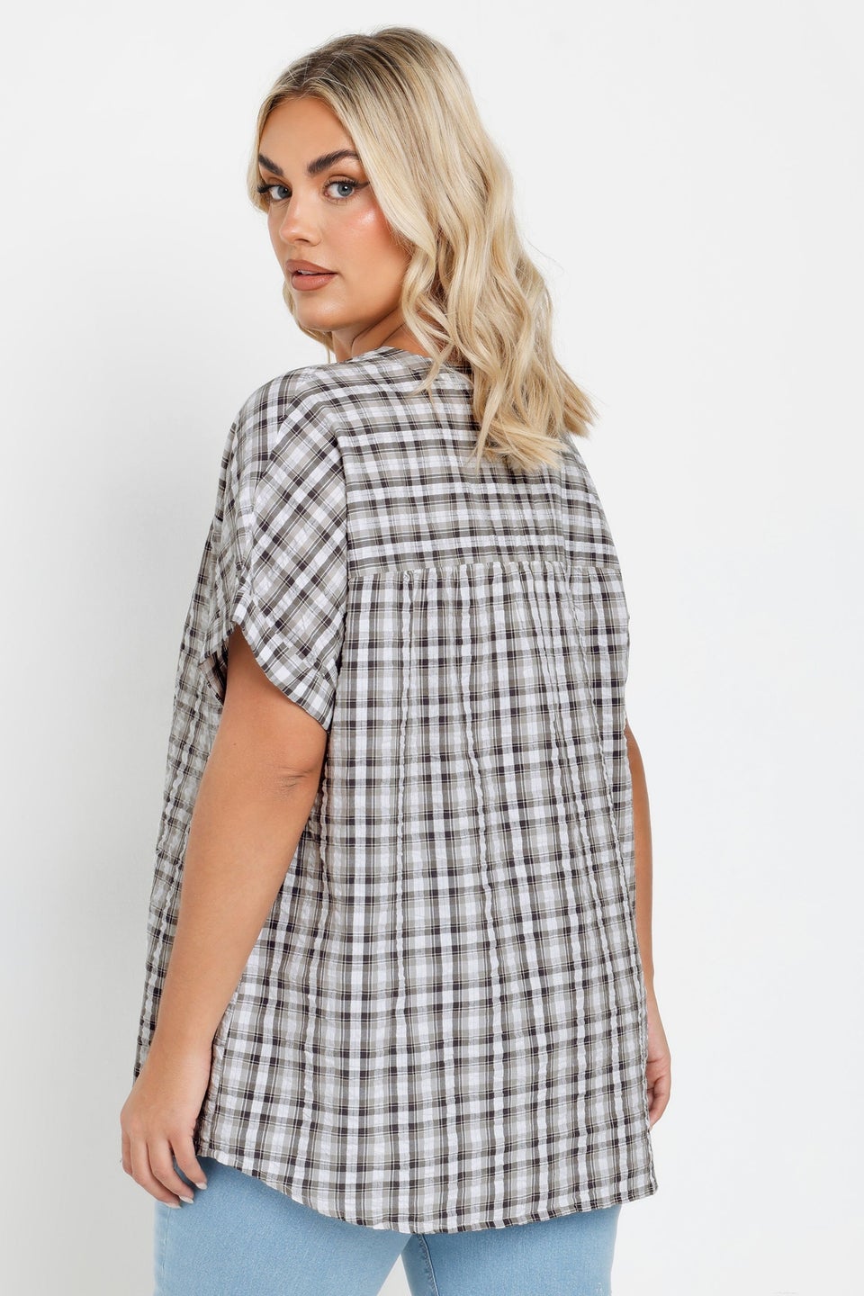 Yours Curve Grey Check Print Textured Blouse