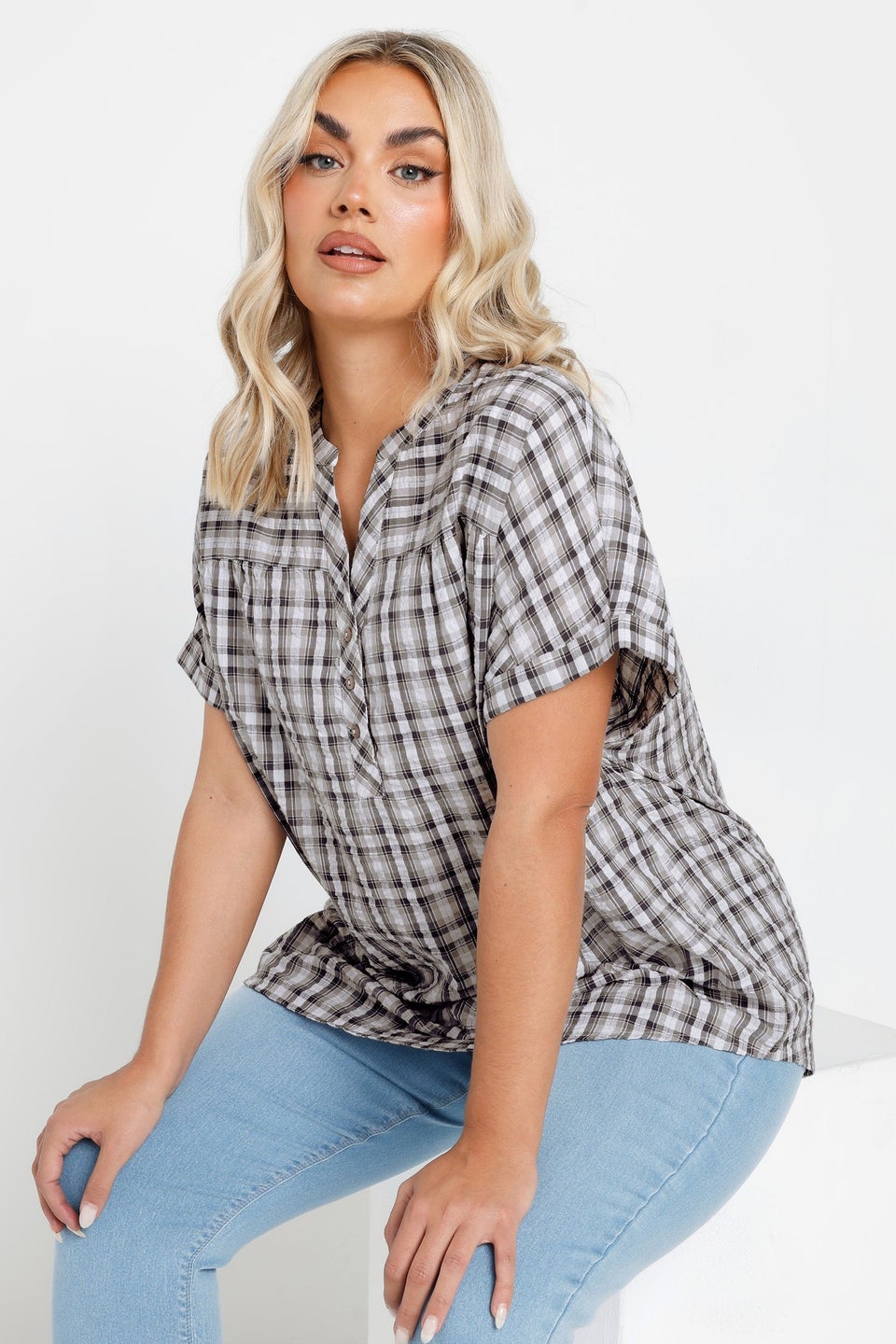 Yours Curve Grey Check Print Textured Blouse