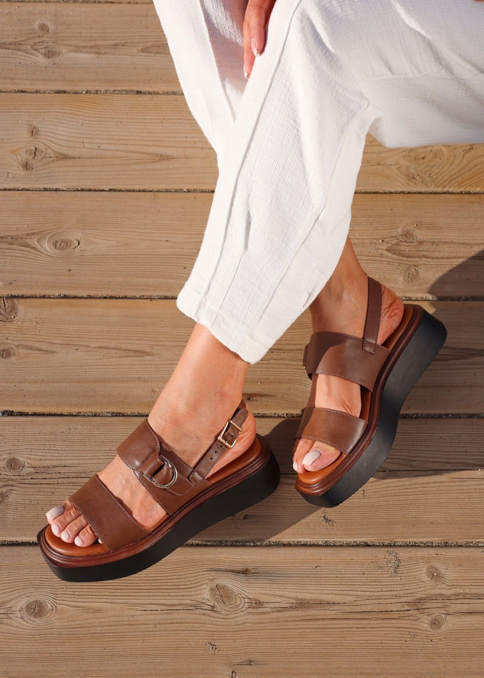 Linzi Rox Brown Faux Leather Double Strap Flatform Sandal