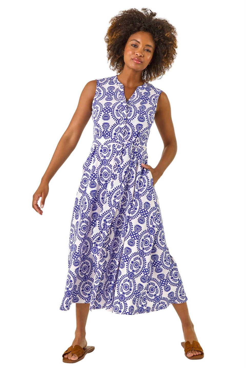 Roman Royal Blue Circle Print Belted Midi Dress