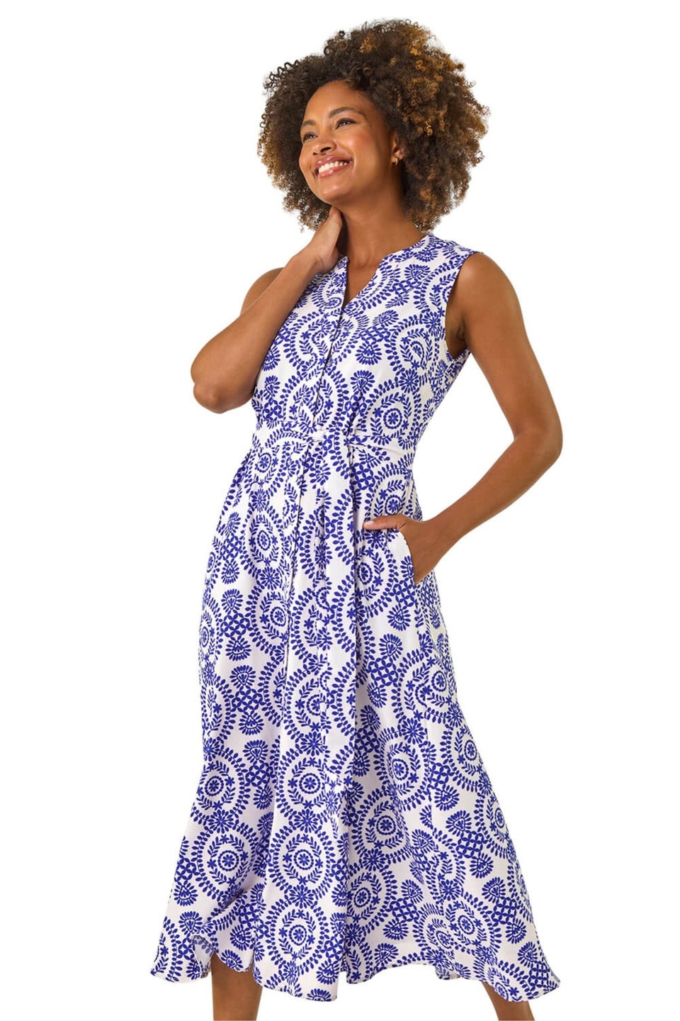 Roman Royal Blue Circle Print Belted Midi Dress