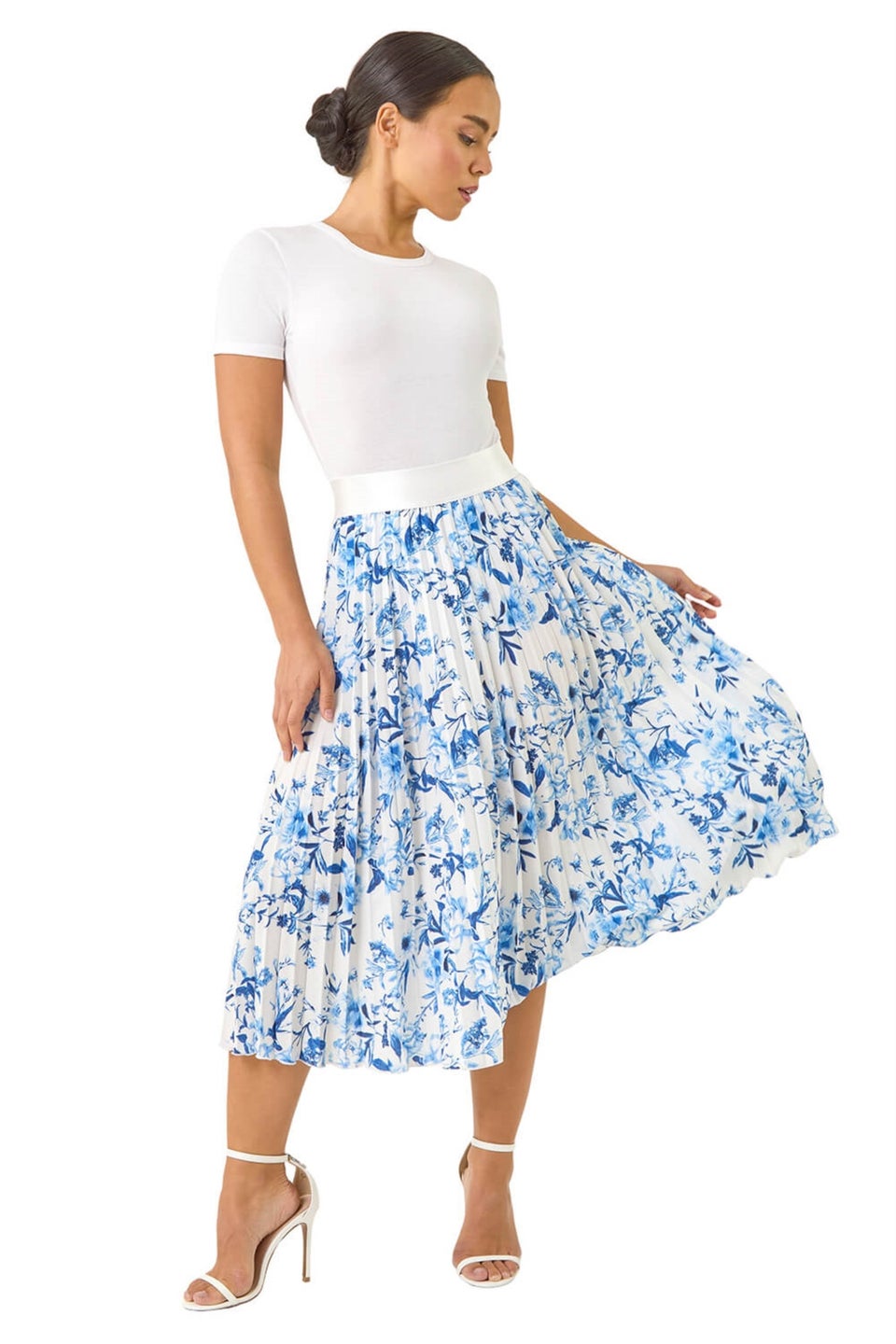 Roman Blue Petite Floral Pleated Midi Skirt