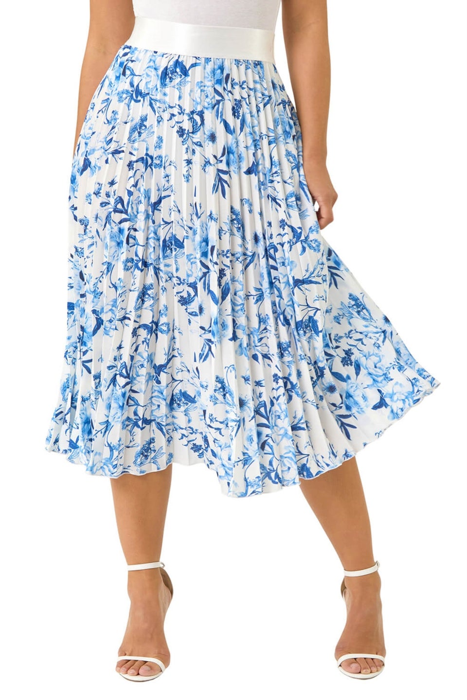 Roman Blue Petite Floral Pleated Midi Skirt
