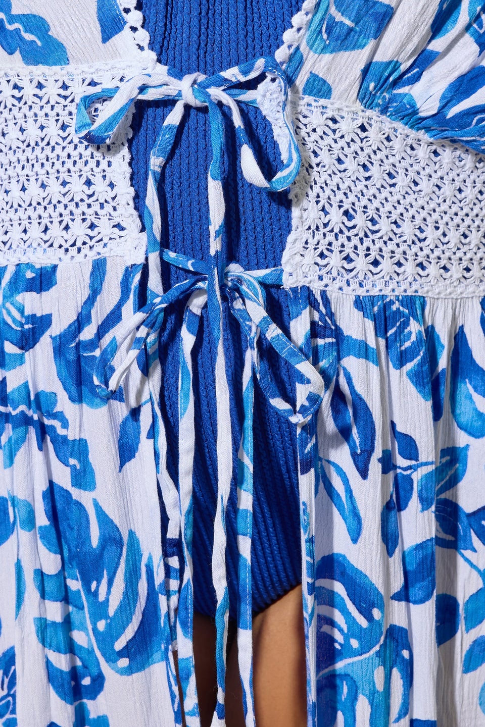 Yours Curve Blue Palm Print Crochet Maxi Kimono