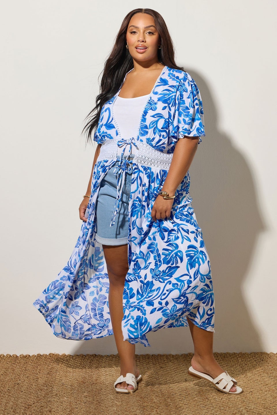 Yours Curve Blue Palm Print Crochet Maxi Kimono