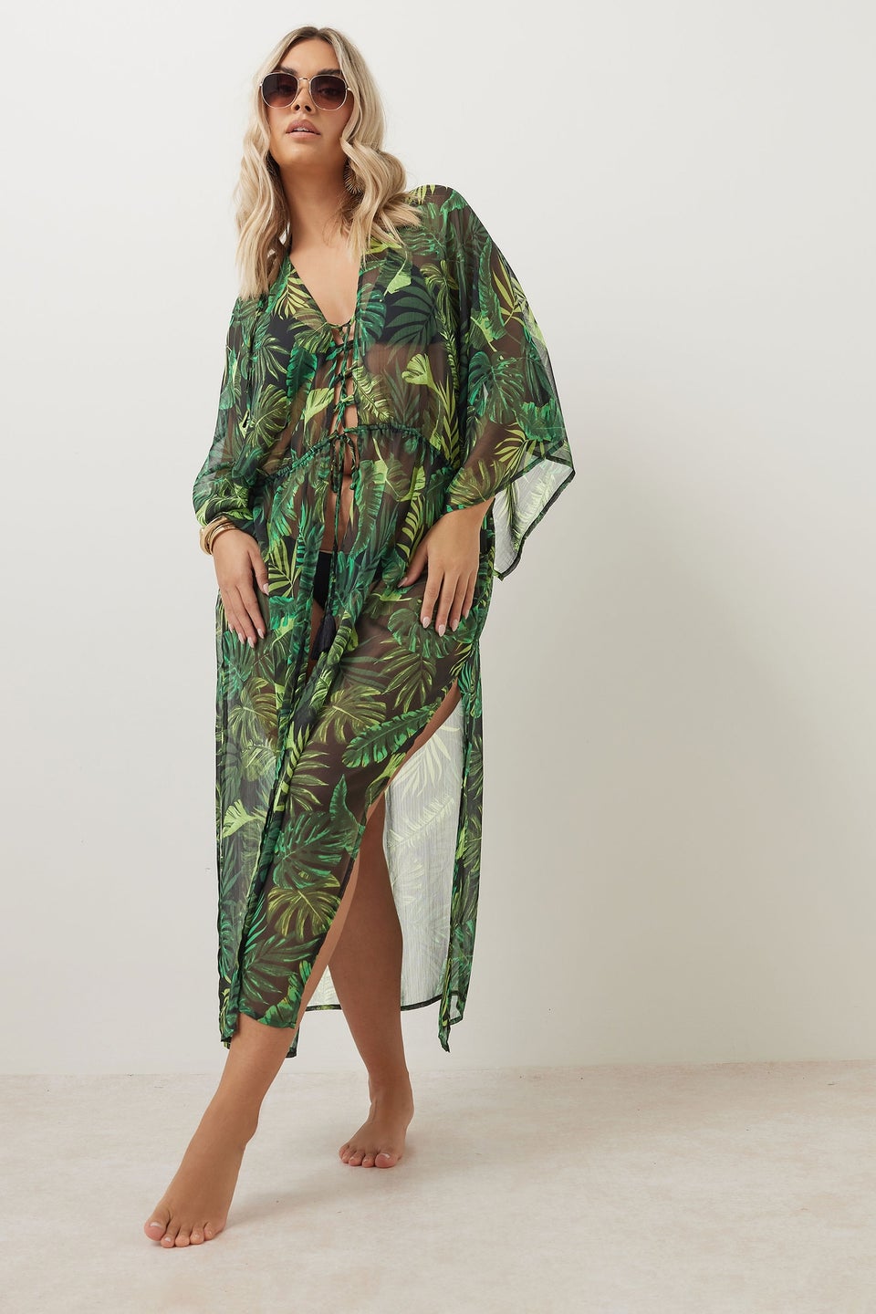 Yours Curve Black Chiffon Tropical Palm Print Maxi Kimono