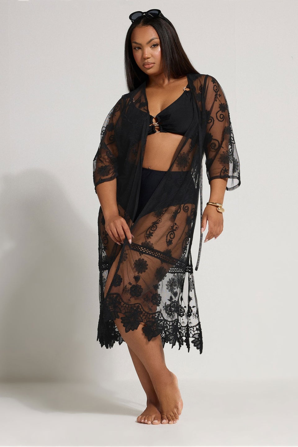 Yours Curve Black Western Lace Kimono