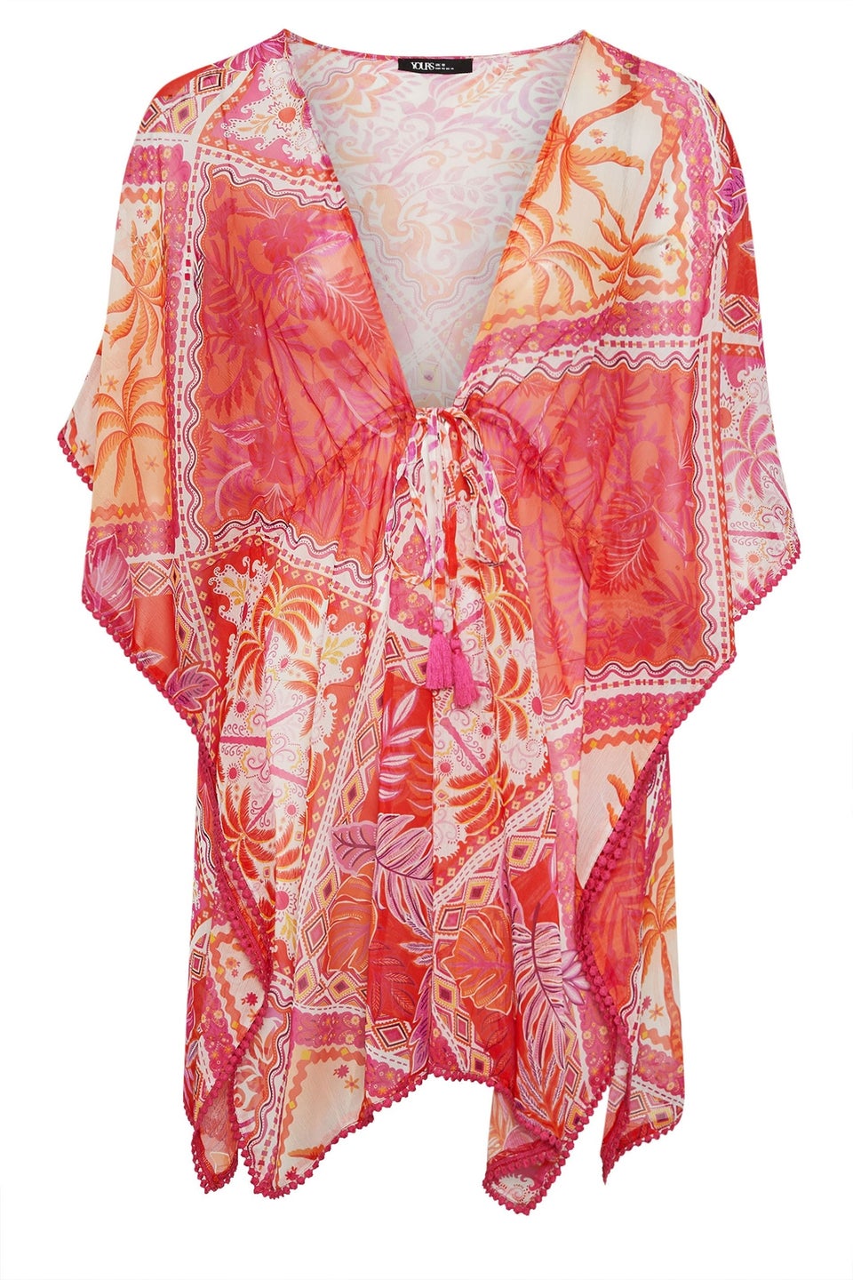 Yours Curve Pink Tropical Palm Print Chiffon Kimono