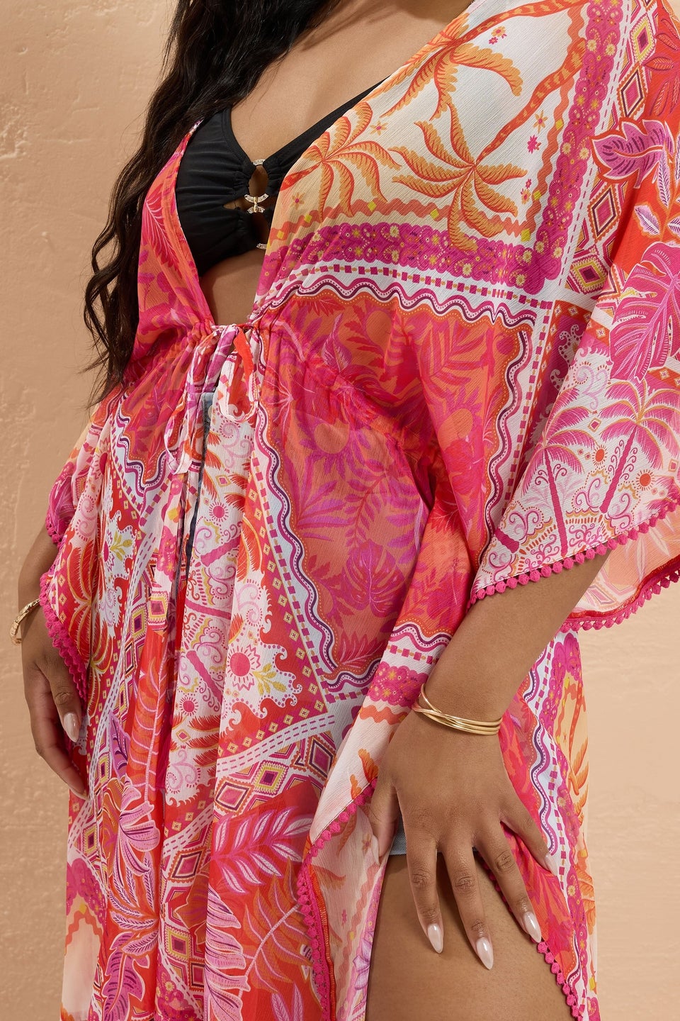 Yours Curve Pink Tropical Palm Print Chiffon Kimono