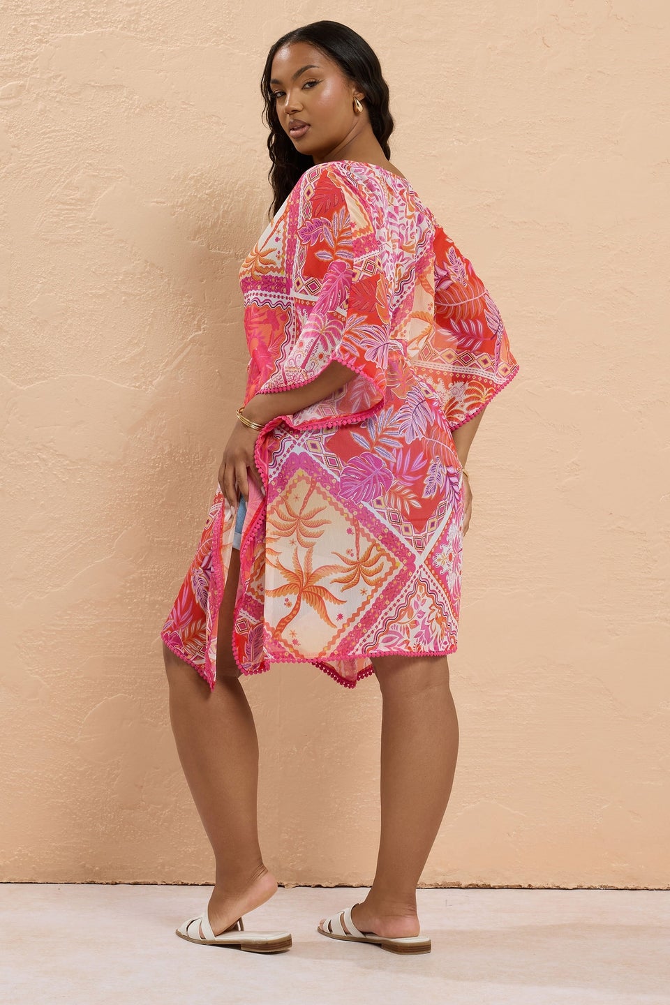 Yours Curve Pink Tropical Palm Print Chiffon Kimono