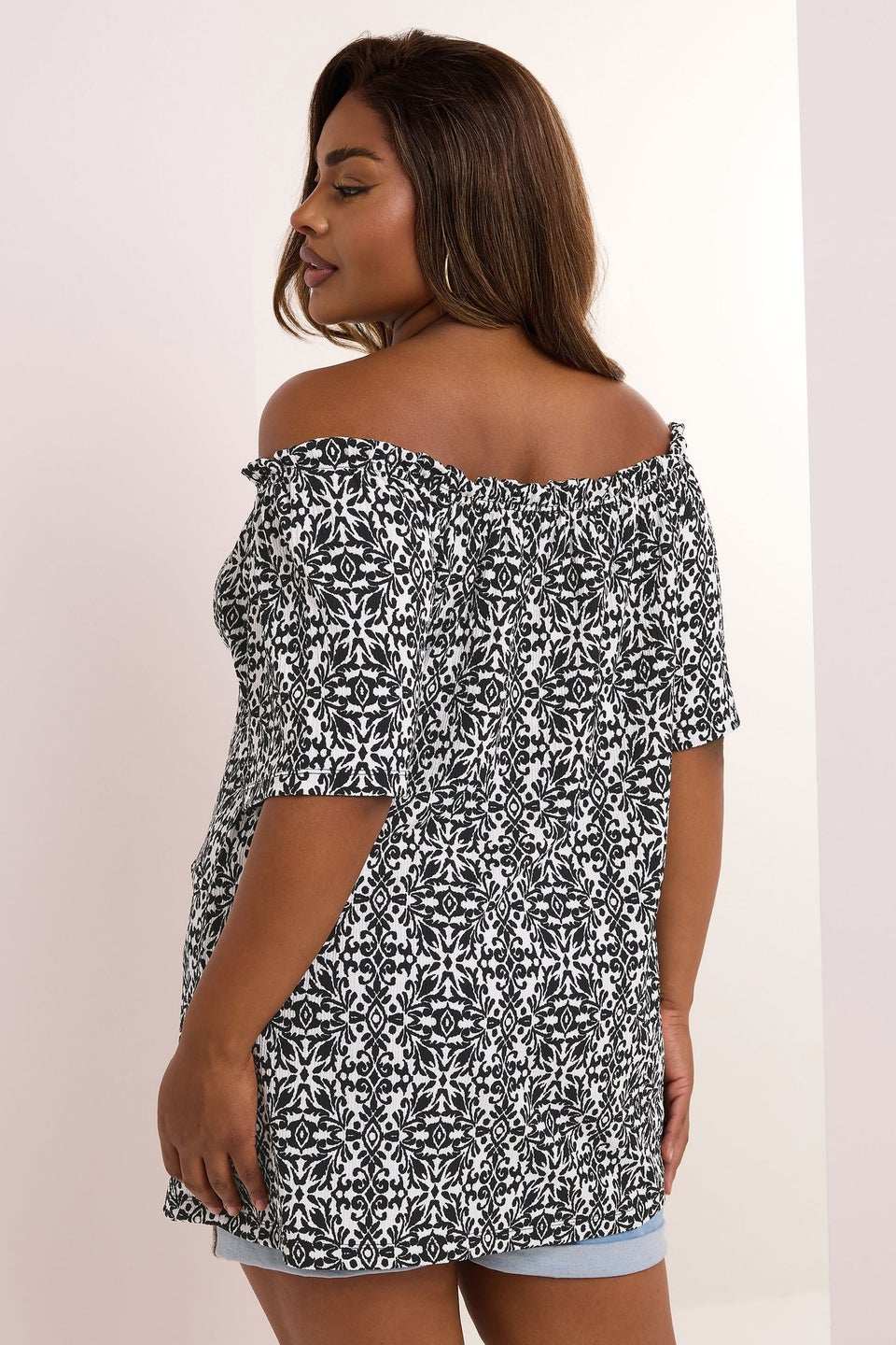 Yours Curve Black Textured Tile Print Bardot Top