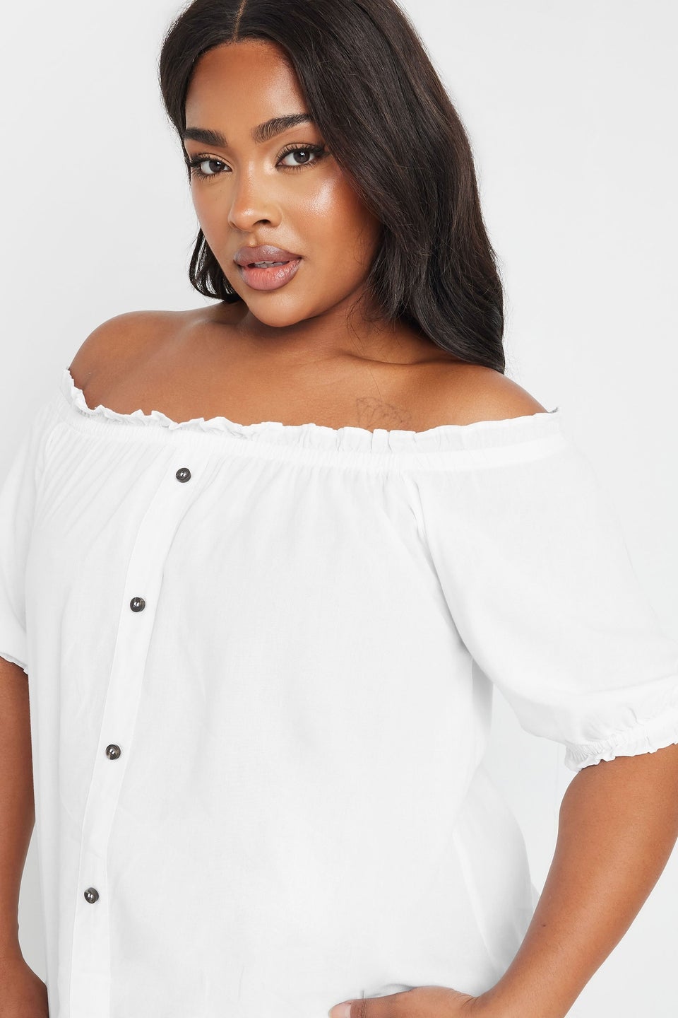 Yours Curve White Chambray Button Detail Bardot Top