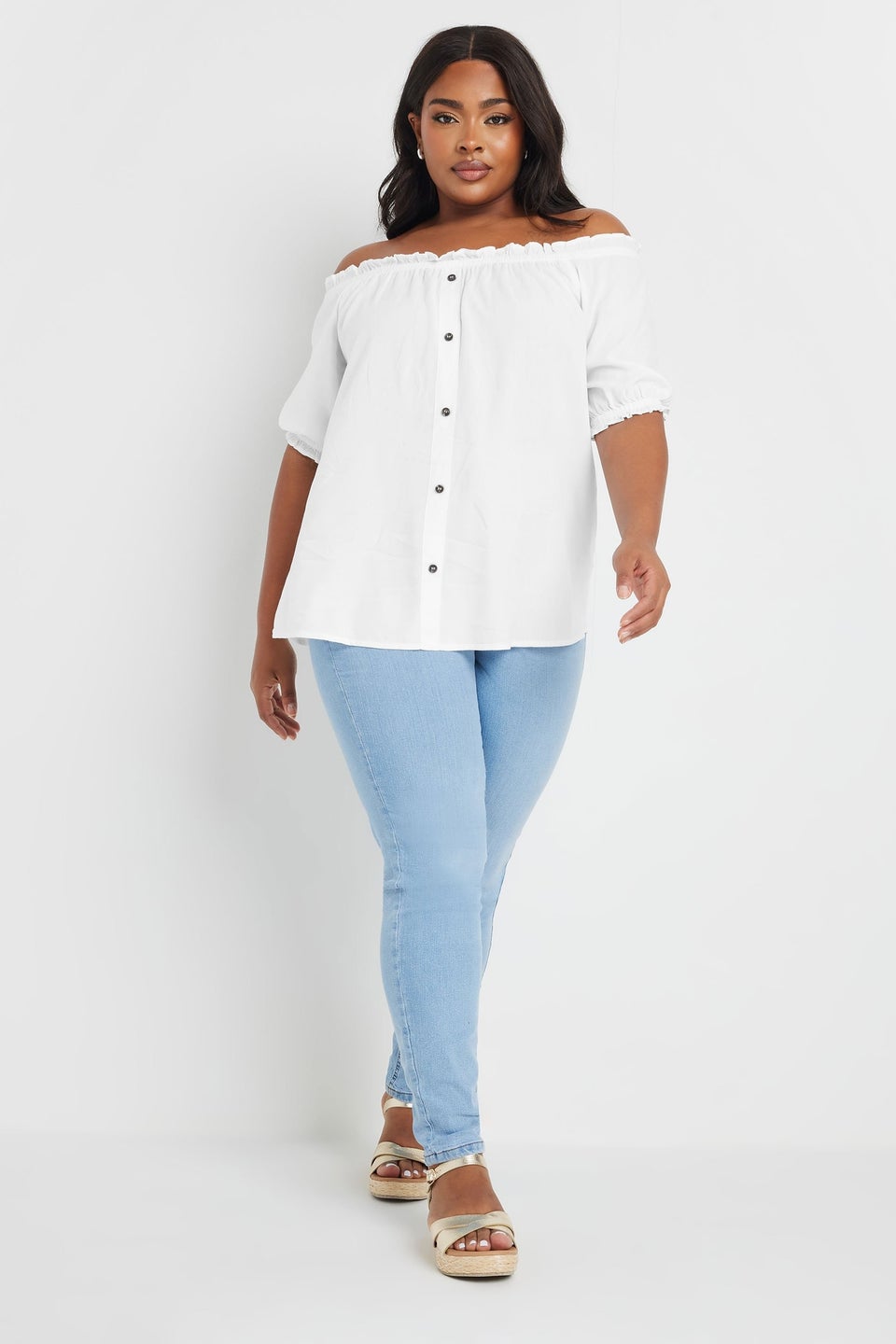 Yours Curve White Chambray Button Detail Bardot Top