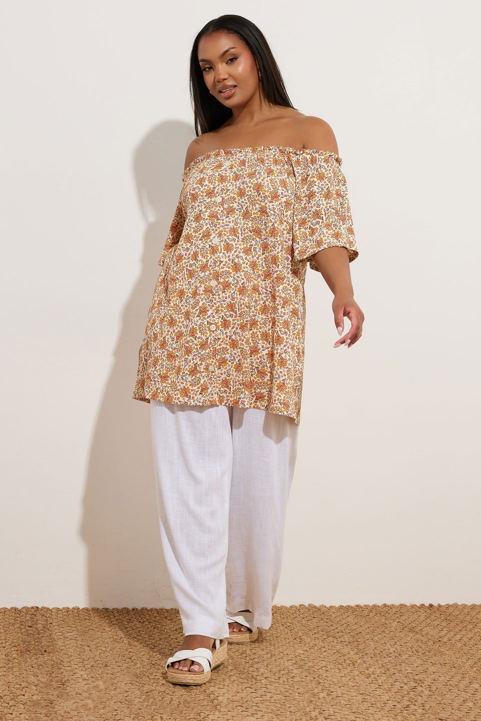 Yours Curve Orange Textured Leaf Print Bardot Top