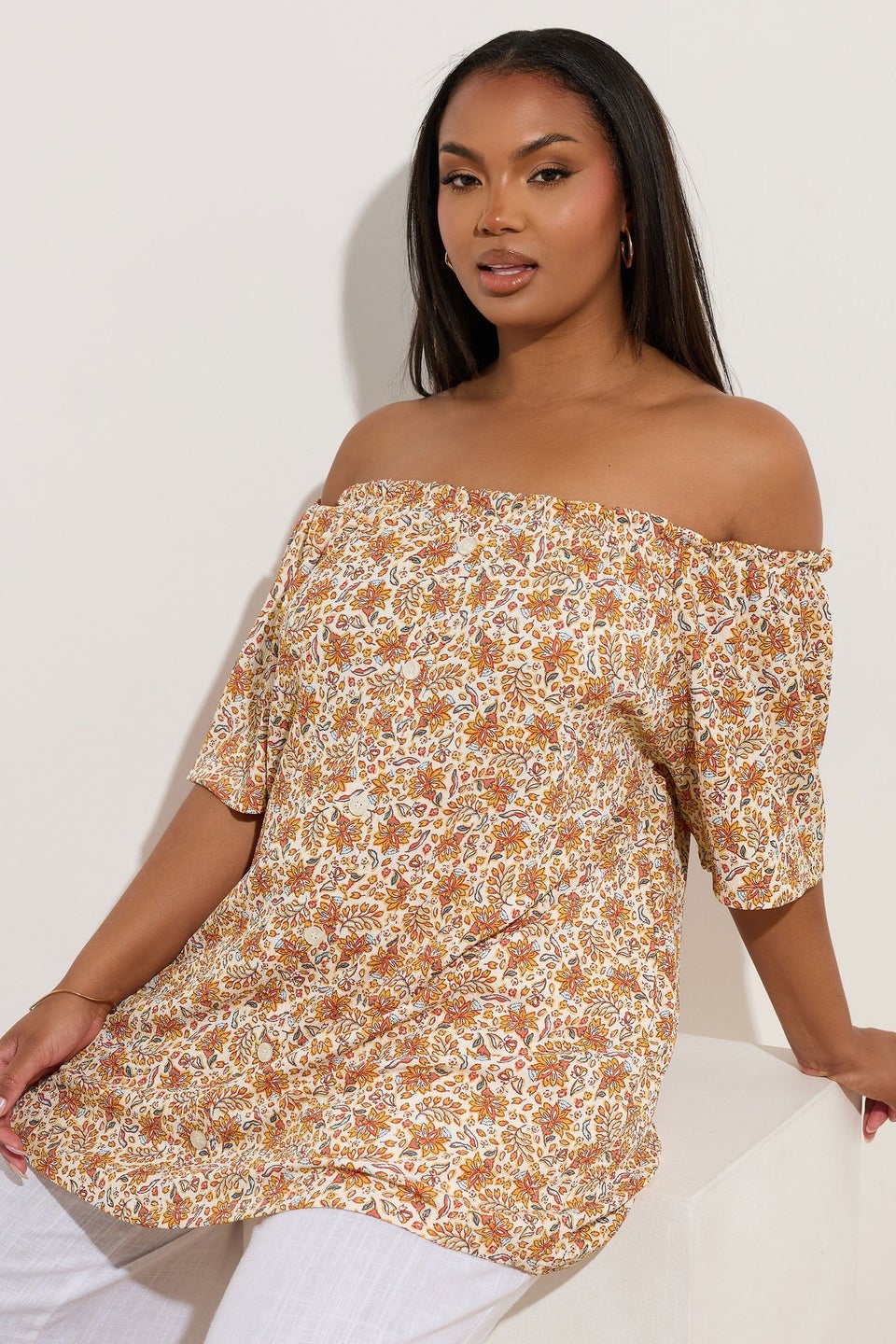 Yours Curve Orange Textured Leaf Print Bardot Top