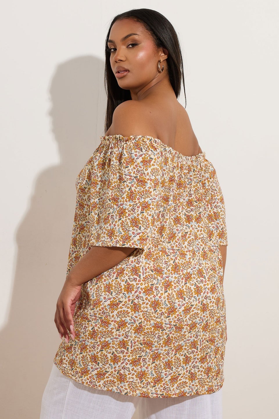 Yours Curve Orange Textured Leaf Print Bardot Top