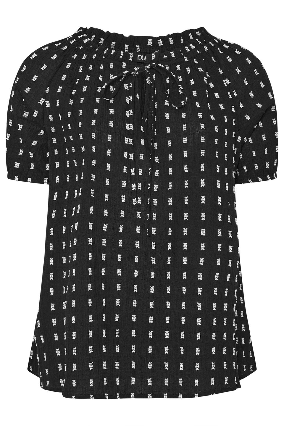 Yours Curve Black & White Dobby Tie Neck Top